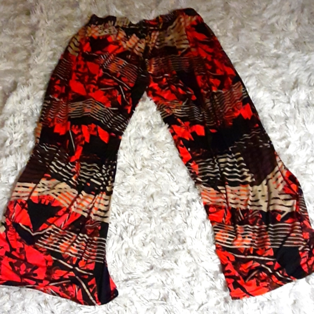 Ashley Stewart black orange tan beige print loose pullon stretch pant 22/24 EUC…